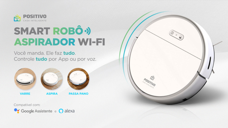 Smart Robô Aspirador Wi-fi da Positivo Casa Inteligente pode ser controlado por app ou por comando de voz.