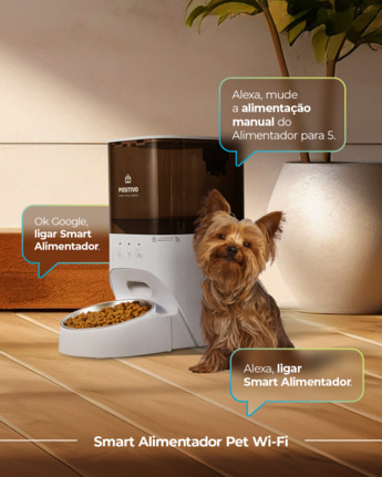 Comandos de voz da Alexa e Google Assistente sendo usados para acionar o Smart Alimentador Pet Wi-Fi, com um cachorrinho próximo ao dispositivo esperando para comer sua ração.