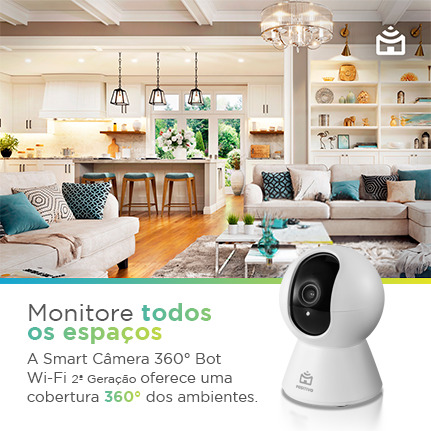 Smart Câmera Bot Wi-fi da Positivo Casa Inteligente girando com uma sala ao fundo.