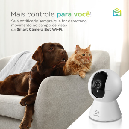 Smart Câmera Bot Wi-Fi sendo usada para monitorar pets em uma casa inteligente.