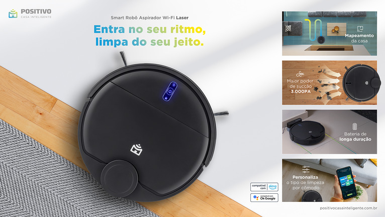 Características do Smart Robô Aspirador Wi-Fi Laser da Positivo Casa Inteligente ilustradas com miniaturas de imagens ao lado do produto.