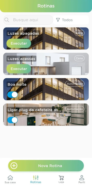 Rotinas de iluminação disponíveis no app Positivo Casa Inteligente.