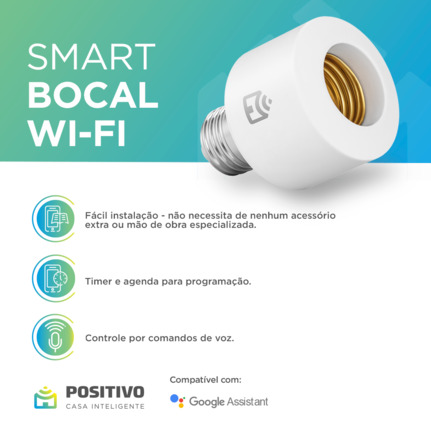 Smart Bocal Wi-fi da Positivo Casa Inteligente acima da descrição de suas vantagens.