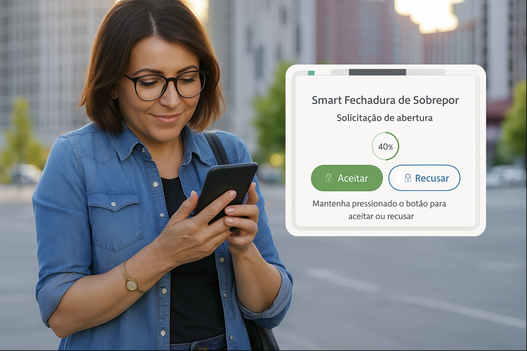 Mulher mexendo no celular Smart Fechadura de sobrepor